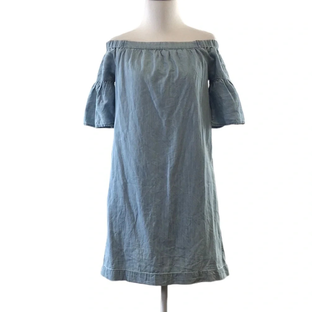 Madewell Blue Denim Azalea Off The Shoulder Mini Dress Womens XS Bell‎ Sleeves